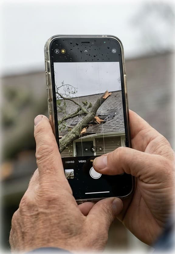 Hand holding phone capturing storm damage
